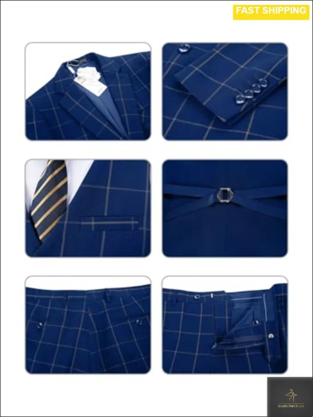 Men's 3 Piece Plaid Slim Fit Suit Set Blazer Vest Pant Formal Wedding